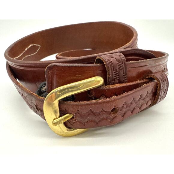 Leather Western Hand Tooled Belt Mens 34 Brass Buckle Ranch Traditional Leather - Picture 1 of 4